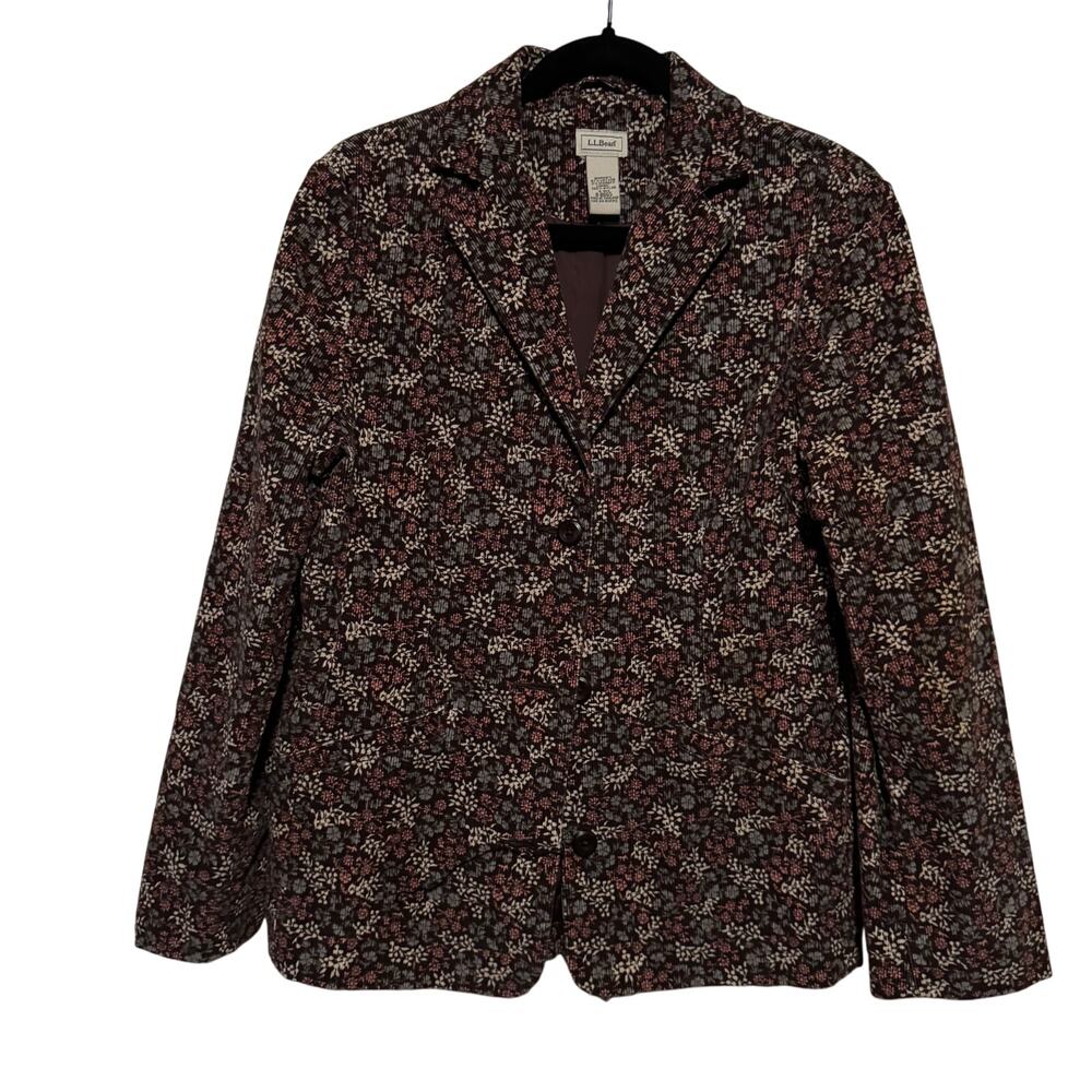 L.L. Bean Floral Corduroy Blazer Brown Front Button Pocket Long Sleeve Sz 8